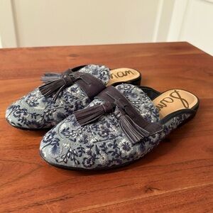 Sam Edelman Blue Embroidered Floral Loafers Mules Flats Shoes 7M Boho Y2K Retro